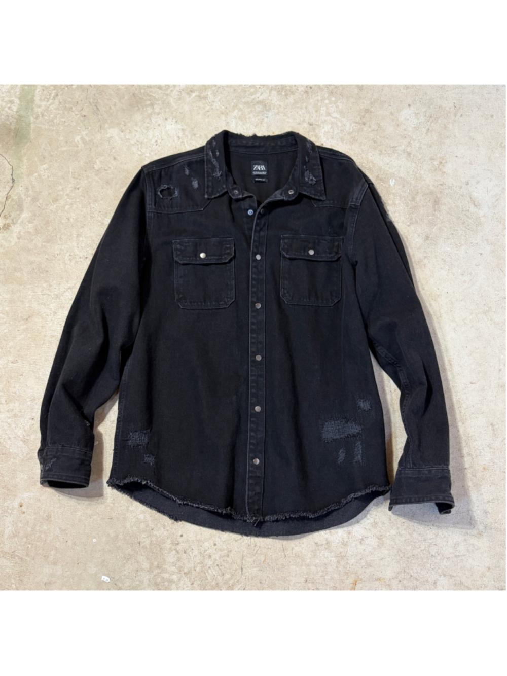 Zara Ripped Denim Overshirt Men's Size XL Black Jacket Snap Button